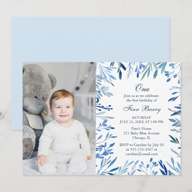 Invitation Floral bleu moderne garçon 1er anniversaire Photo (Devant / Derrière)