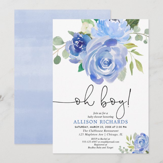 Invitation Floral bleu Oh garçon baby shower (Devant / Derrière)