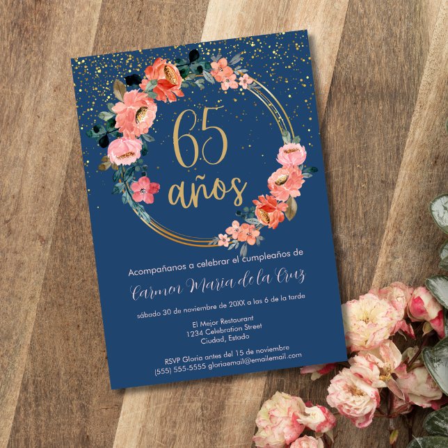 Invitation Floral bleu or espagnol 65e fête d'anniversaire (Créateur téléchargé)
