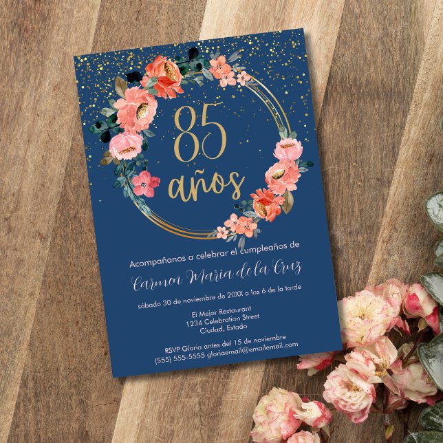 Invitation Floral bleu or rose espagnol 85ème anniversaire (Créateur téléchargé)