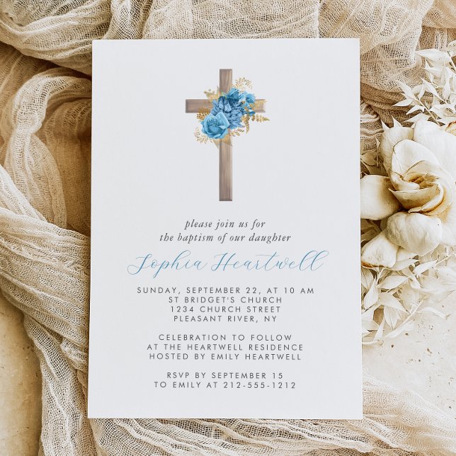 Invitation Floral Bleu Or Roses Croix Fille Baptême (Créateur téléchargé)