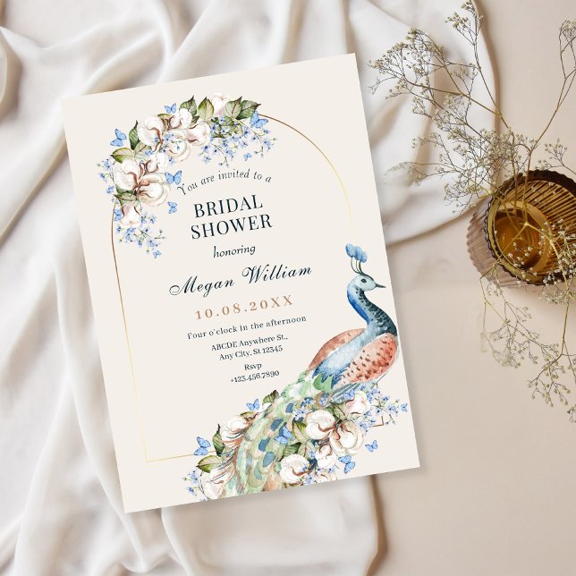 Invitation Floral bleu paon oiseau nuptiale (Créateur téléchargé)