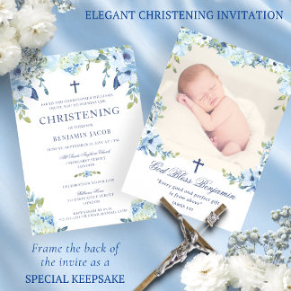 Invitation Floral bleu poussiéreux avec baptême photo