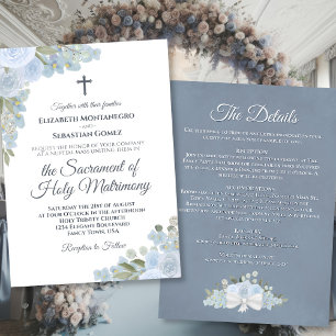 Invitation Floral bleu poussiéreux avec détails Mariage catho