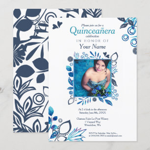 Invitation Floral bleu Quinceañera
