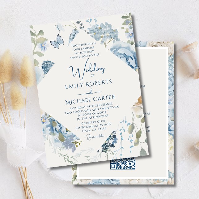 Invitation Floral bleu romantique tout en un QR Code Mariage (Créateur téléchargé)