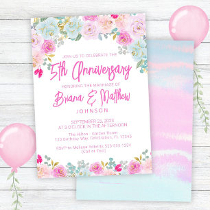 Invitation Floral bleu rose 5e anniversaire du Mariage