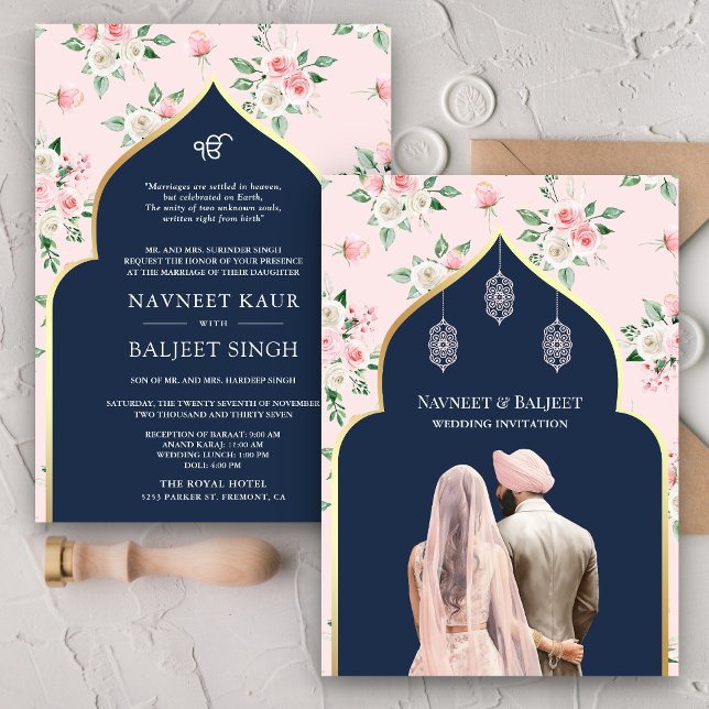 Invitation Floral bleu rose marine Anand Karaj Sikh Mariage (Créateur téléchargé)