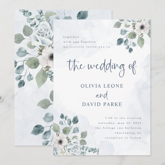 Invitation Floral bleu rustique | Mariage aquarelle (Devant / Derrière)