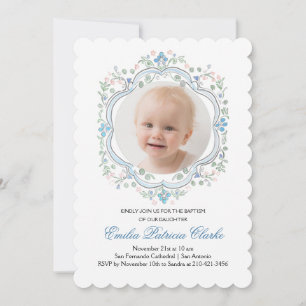 Invitation Floral bleu vert rose simple Baptême
