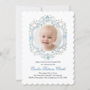 Invitation Floral bleu vert rose simple Baptême