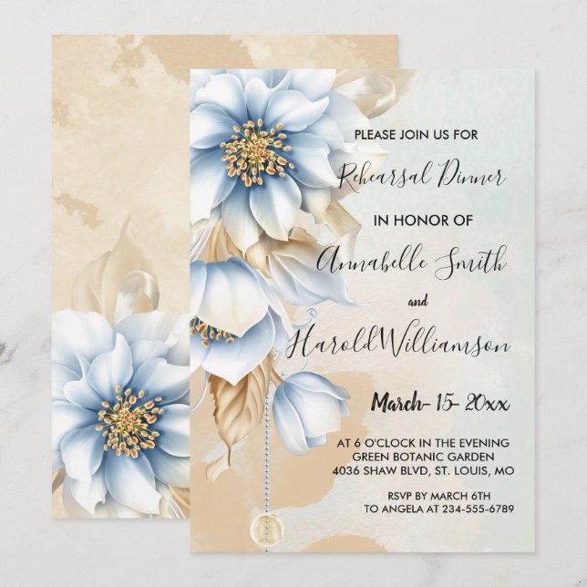 Invitation Floral bleu vintage (Devant / Derrière)