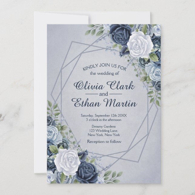 Invitation Floral bleu vintage géométrique (Devant)