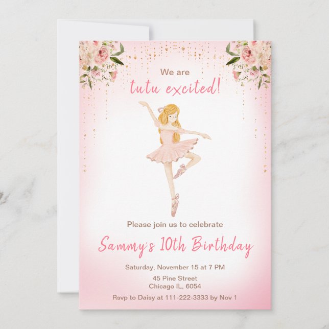 Invitation Floral Blonde cheveux Ballerina Anniversaire (Devant)