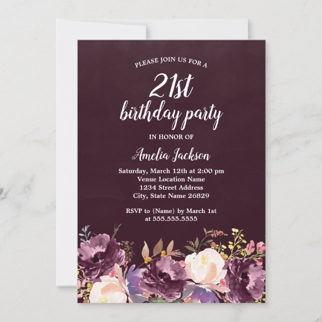 Invitation Floral Bloom Purple 21ème anniversaire (Devant)