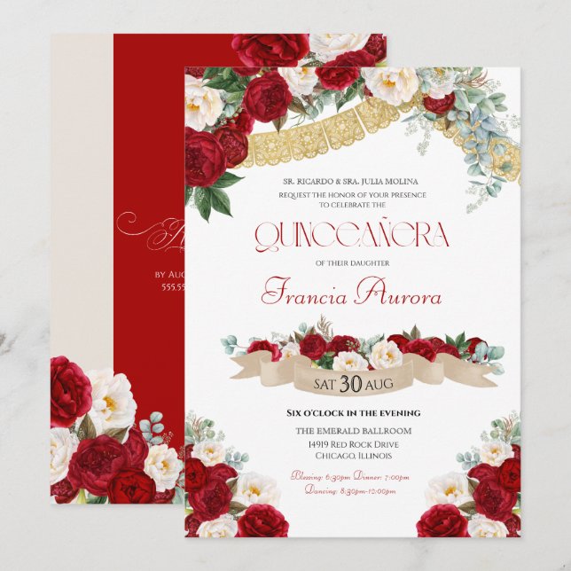 Invitation Floral Blooms Rouge & Blanc Or Quinceañera (Devant / Derrière)