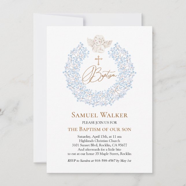 Invitation Floral Blue Baby Angel Croix Baptême (Devant)