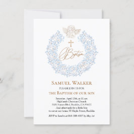 Invitation Floral Blue Baby Angel Croix Baptême