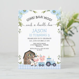 Invitation Floral Blue Boys Grange Tracteur ferme Anniversair