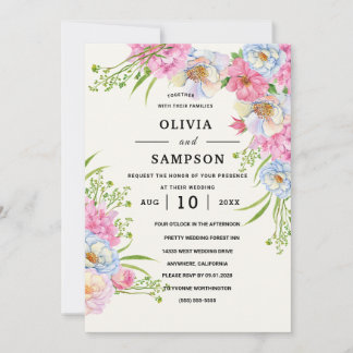 Invitation Floral Blue Burgundy Gold Blush Pink Wedding