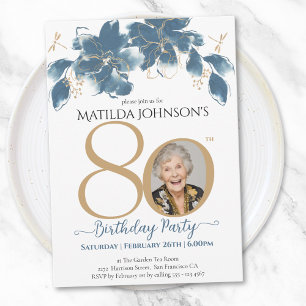Invitation Floral Blue Gold Custom Photo 80th Birthday Party