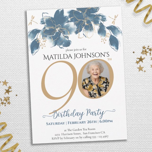 Invitation Floral Blue Gold Photo personnalisée 90e anniversa (Floral Blue Gold Custom Photo 90th Birthday Invitation)