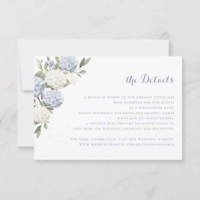 Invitation Floral Blue Hydrangea Greenery Détails du Mariage (Devant)