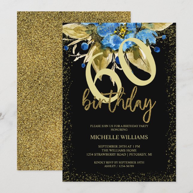 Invitation Floral Blue Parties scintillant Gold Calligraphie  (Devant / Derrière)