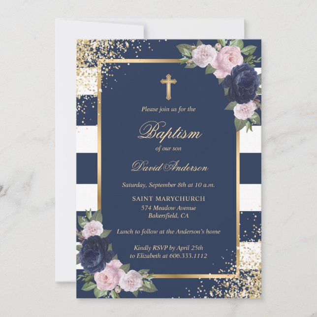 Invitation Floral Blue Rose Gold Cross Élégant Baptême (Devant)