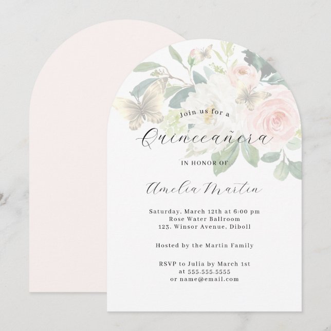 Invitation Floral Blush Arc Moderne Quinceanera (Devant / Derrière)