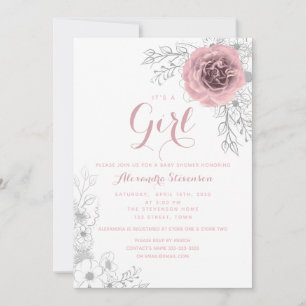 Invitation Floral Blush Baby shower fille rose