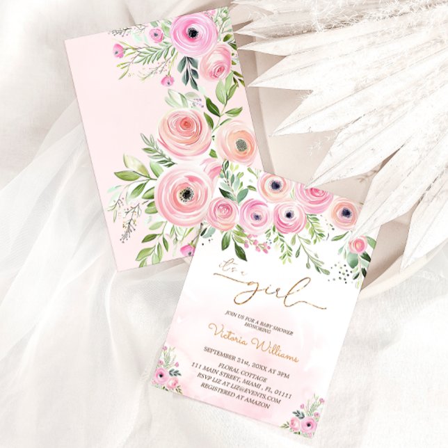 Invitation Floral Blush Baby shower fille rose (Créateur téléchargé)