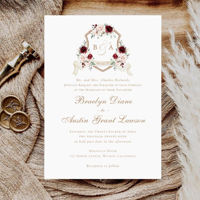 Invitation Floral Blush Bourgogne Monogram Crest Mariage (Créateur téléchargé)