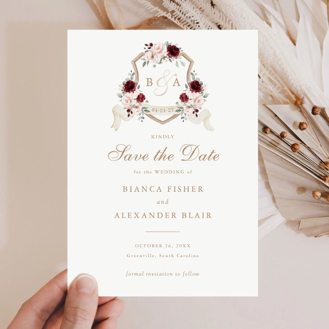 Invitation Floral Blush Burgundy Crest Wedding Enregistrer la (Créateur téléchargé)