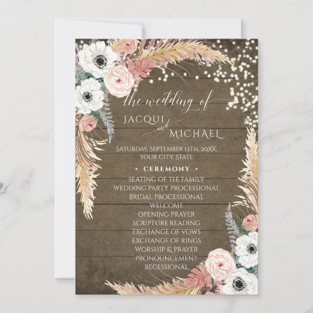 Invitation Floral Blush en Pampas Blanc Grass Twinkles lumièr (Devant)