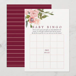 Invitation Floral Blush et Baby shower Bourgogne Bingo bébé