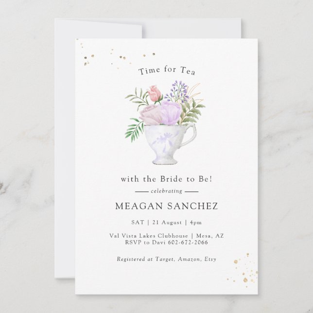 Invitation Floral Blush et Gold Fête des mariées Tea Party (Devant)