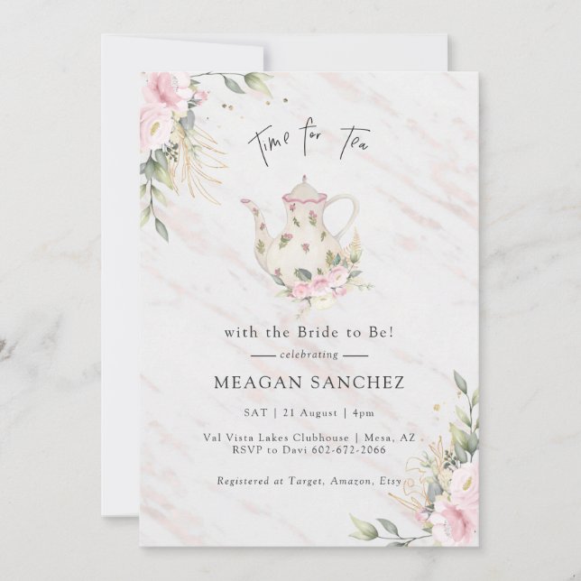 Invitation Floral Blush et Gold Fête des mariées Tea Party (Devant)