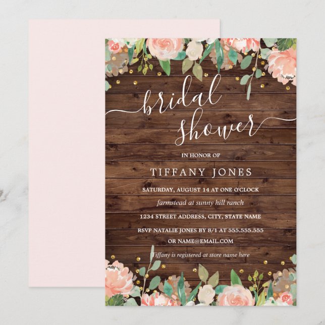 Invitation Floral Blush Gold Fête des mariées en bois rustiqu (Devant / Derrière)