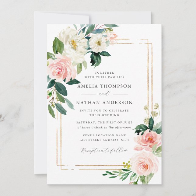 Invitation Floral Blush Gold Mariage (Devant)
