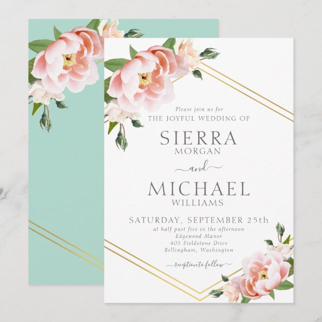 Invitation Floral Blush Gold Mint vert Mariage (Devant / Derrière)