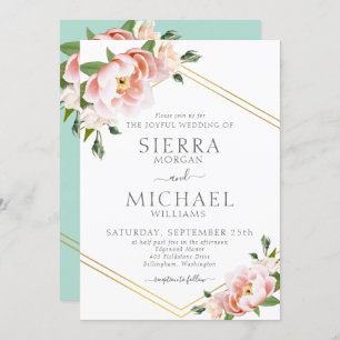 Invitation Floral Blush Gold Mint vert Mariage