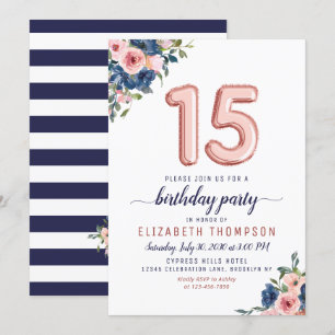 Invitation Floral Blush Marine Rose Gold Balloons 15e anniver