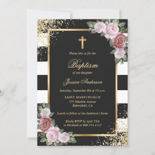 Invitation Floral Blush Pink Gold Cross Black Élégant Baptême