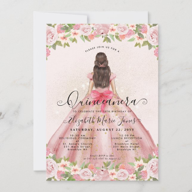 Invitation Floral Blush Pink Gold Glam Princess Quinceanera (Devant)
