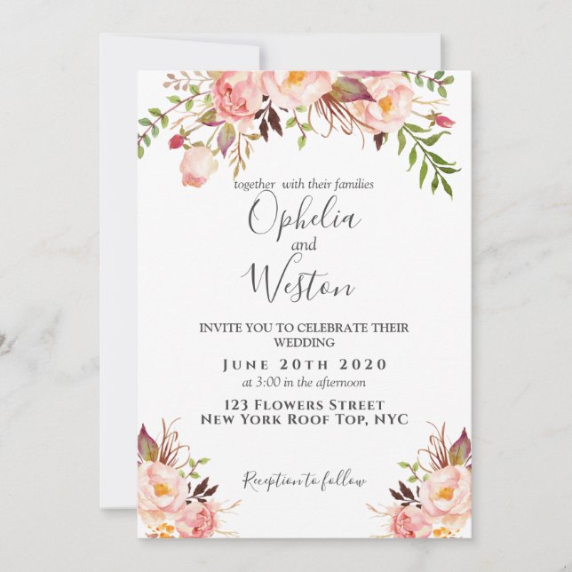Invitation Floral Blush Pink Moderne Élégant Mariage Boho (Devant)