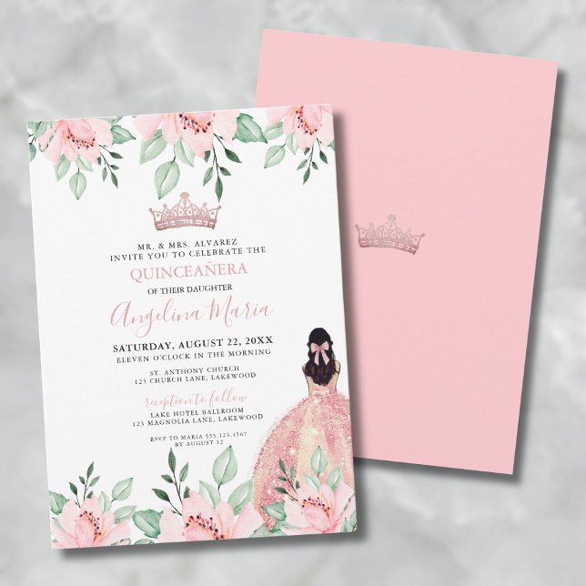 Invitation Floral Blush Pink Quinceañera (Floral Pink Quinceanera Invitation)