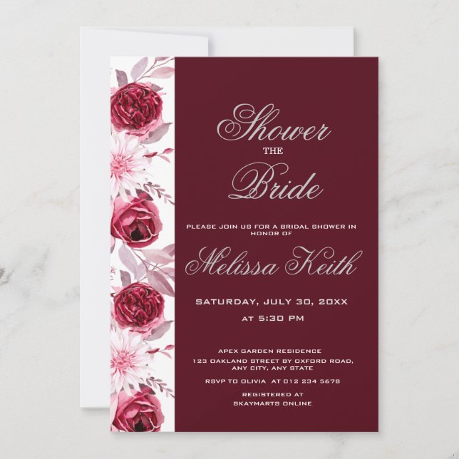 Invitation Floral Blush rose Bourgogne Fête des mariées Scrip (Devant)