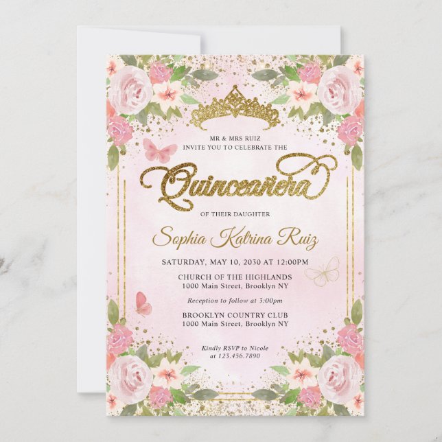 Invitation Floral Blush rose or Parties scintillant Couronne  (Devant)