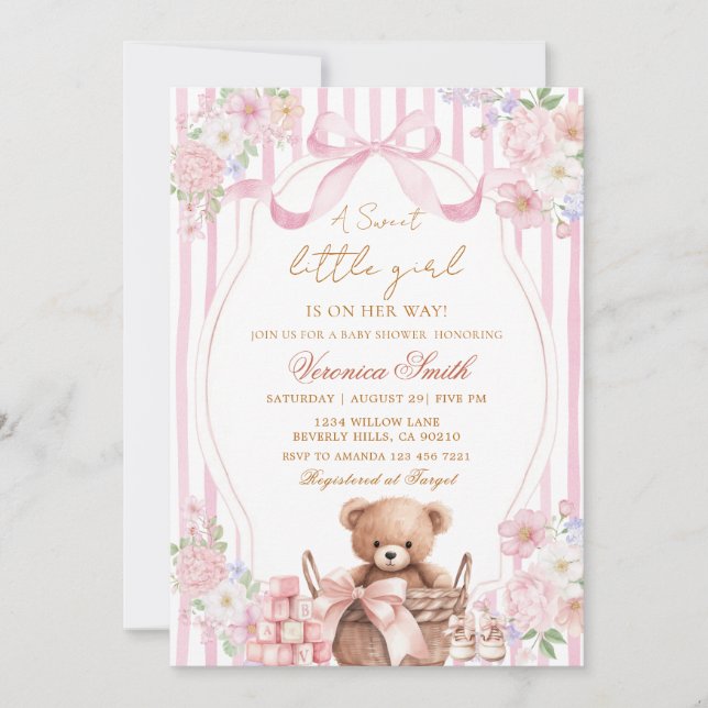 Invitation Floral Blush Stripe Pink Bow Bear Baby Shower  (Devant)